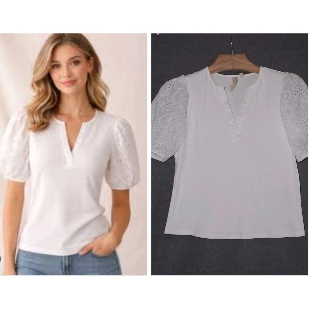 Anthropologie Dolan White Ribbed Top Puff Sleeve Eyelet Womens Blouse Size Small
